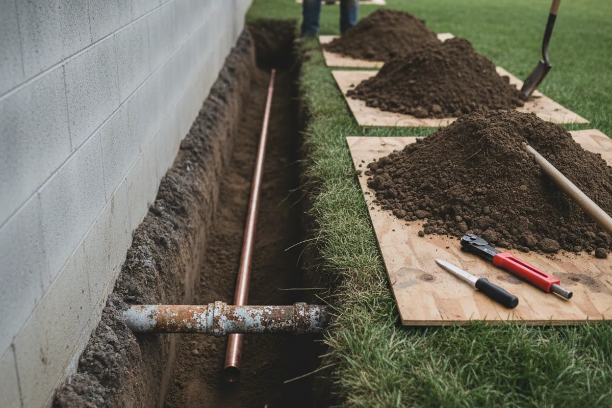 Excavated water line trench during Water Softener Installation in Fork Union